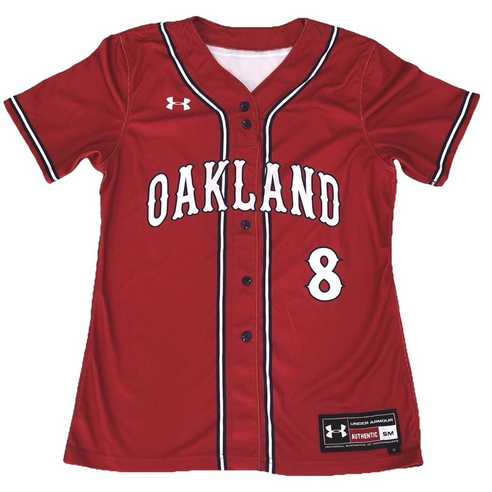 Under Armour Youth Baseball Jersey Red Oakland #8 Button Front Kids 17.5x25